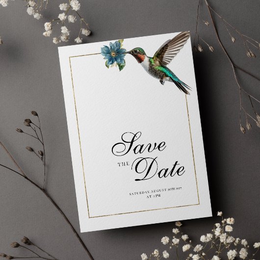 Chic white gold farbenfroher Kolibri Save the Date Einladung