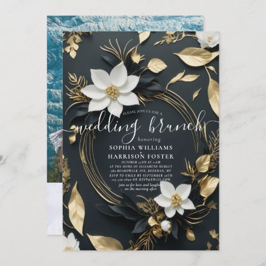 Chic White Gold Floral Wreath Foto Hochzeitsfeier Einladung (Vorne/Hinten)