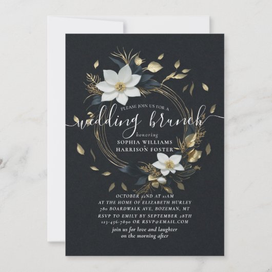 Chic White Gold Floral Wreath Foto Hochzeitsfeier Einladung (Vorderseite)