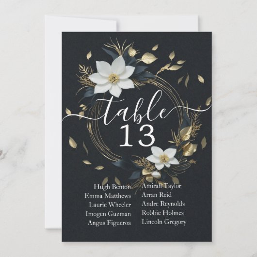 Chic White Gold Floral Wreath Wedding Tischnummer (Rückseite)