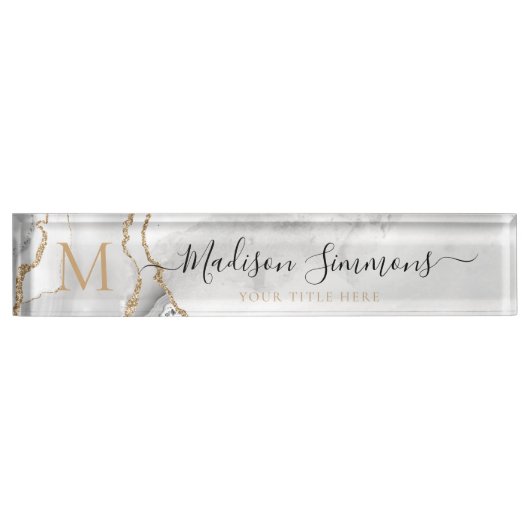 Chic White Gold Glitzer Agate Monogram Script Name Namensplakette (Vorderseite)