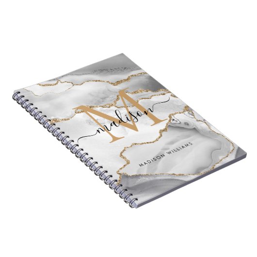 Chic White Gold Glitzer Agate Monogram Script Name Notizblock (Rechte Seite)