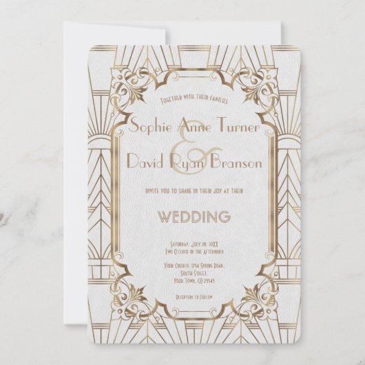Chic White Gold Große Art Deco Hochzeit Einladung (Vorderseite)