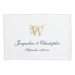Chic White Gold Monogram + Names Newlywed Wedding Kissenbezug