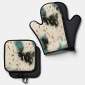 Chic White Gold Türkise Black Cowhide Ofenhandschuh & Topflappen-Set (Vorderseite/Rückseite)
