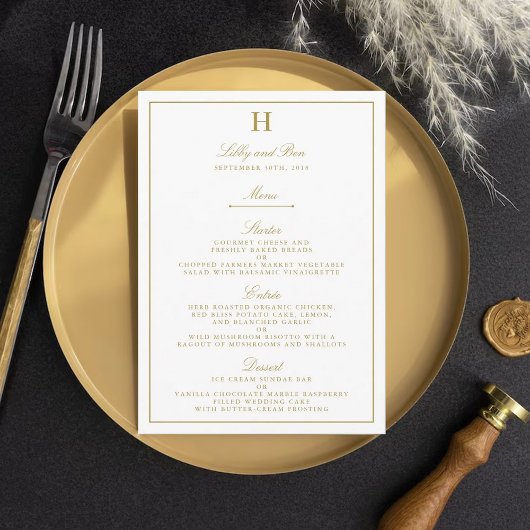 Chic White & Gold Wedding Menu Template Menükarte