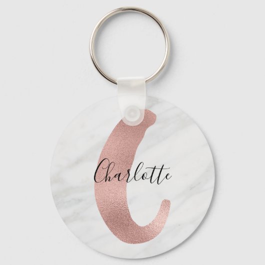 Chic White & Gray Marble Rose Gold C Monogram Name Schlüsselanhänger (Vorderseite)