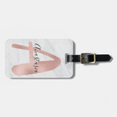 Chic White & Gray Marmor Rose Gold a Monogram Name Gepäckanhänger (Vorderseite horizontal)