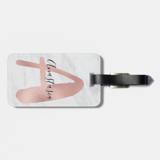Chic White & Gray Marmor Rose Gold a Monogram Name Gepäckanhänger (Rückseite horizontal)
