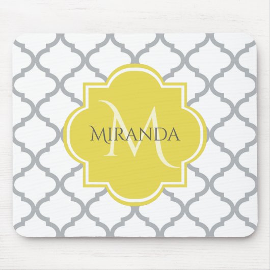 Chic White Gray Quatrefolie Gelber Mit Monogramm N Mousepad (Vorne)