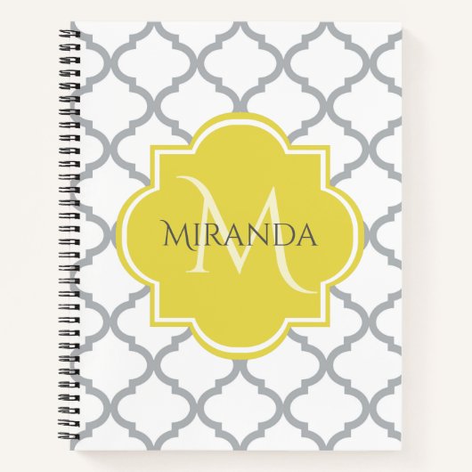 Chic White Gray Quatrefolie Gelber Mit Monogramm N Notizbuch (Vorderseite)