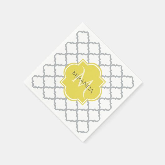 Chic White Gray Quatrefolie Gelber Mit Monogramm N Serviette (Ecke)