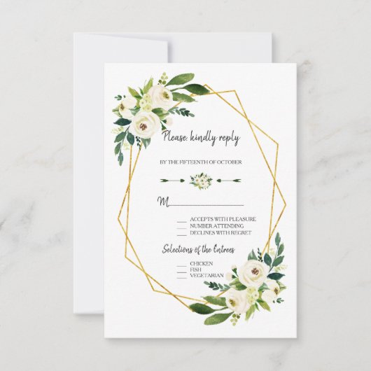 Chic White Green Floral Gold Rahmen Wedding RSVP Karte (Vorderseite)