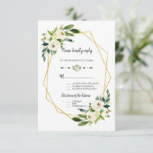 Chic White Green Floral Gold Rahmen Wedding RSVP Karte (Stehend Vorderseite)