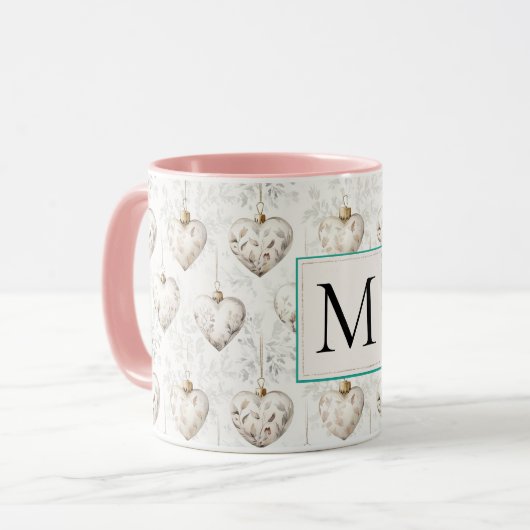 Chic White Heart Ornaments Monogram Tasse (Vorderseite Links)