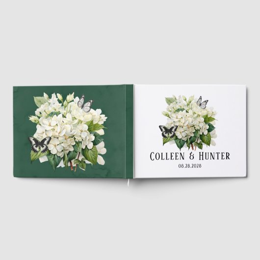 Chic White Hydrangea und Butterfly Wedding Gästebuch (Voll)
