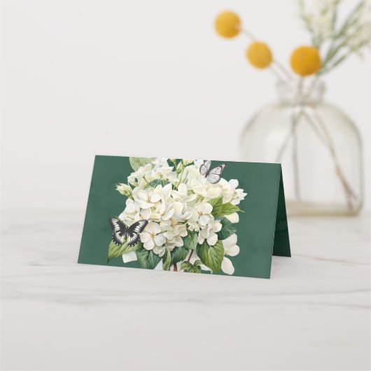 Chic White Hydrangea und Butterfly Wedding Table Platzkarte (Rückseite)