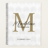 Chic White Ivory Gold Anahaw Leaf Script Monogram Planer (Vorderseite)