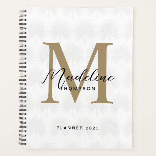 Chic White Ivory Gold Anahaw Leaf Script Monogram Planer (Vorderseite)