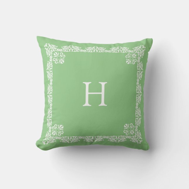 Chic White Lace Vector & Monogram on Light Green Kissen (Vorderseite)