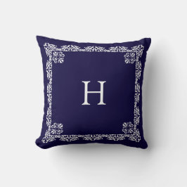 Chic White Lace Vector & Monogram on Navy Blue Kissen
