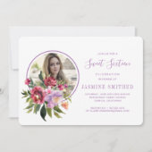 Chic White Lila Floral Themed Foto Sweet 16 Einladung (Vorderseite)