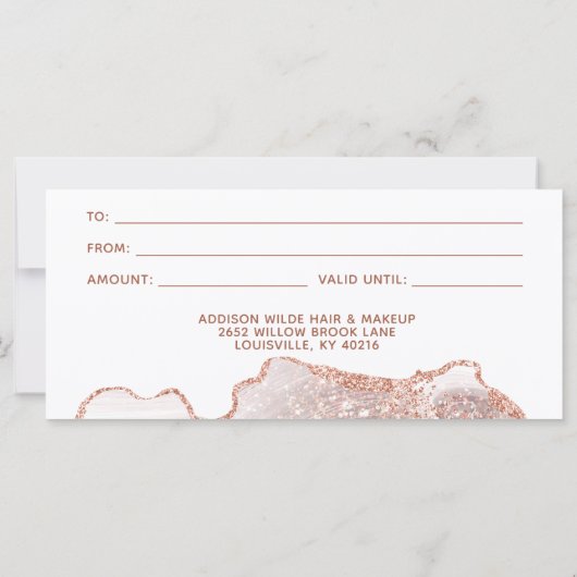 Chic White Marble Agate Rose Gold Geschenkgutschei (Rückseite)