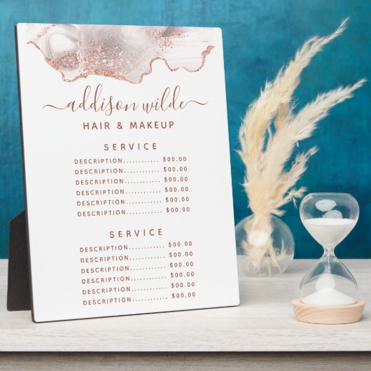 Chic White Marble Agate Rose Gold Price Menü Fotoplatte (Seite)