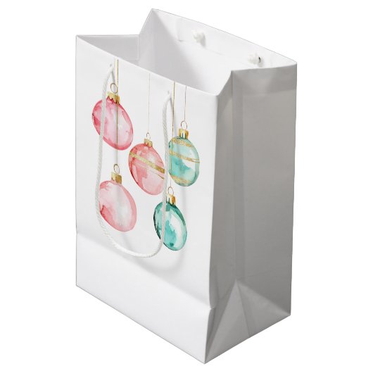 Chic White Mint Pink Gold Weihnachtsschmuck Mittlere Geschenktüte (Vorderseite Schrägansicht)