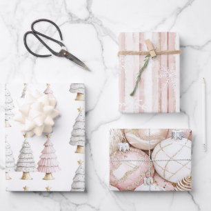 Chic White Mint Pink Weihnachtsbaumen Geschenkpapier Set
