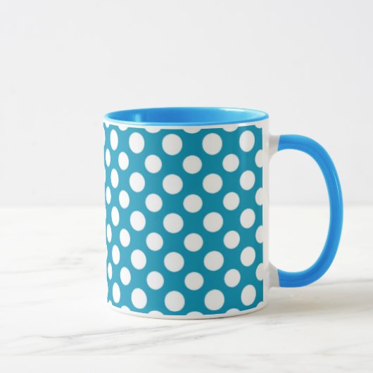 Chic White on Blue Jumbo Polka Dots Ringer Tasse (Rechts)