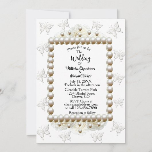 Chic White Pearl Butterfly Wedding Einladung (Vorderseite)
