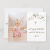 Chic White Pink Floral Gold Girl Foto Taufe Dankeskarte (Vorderseite)