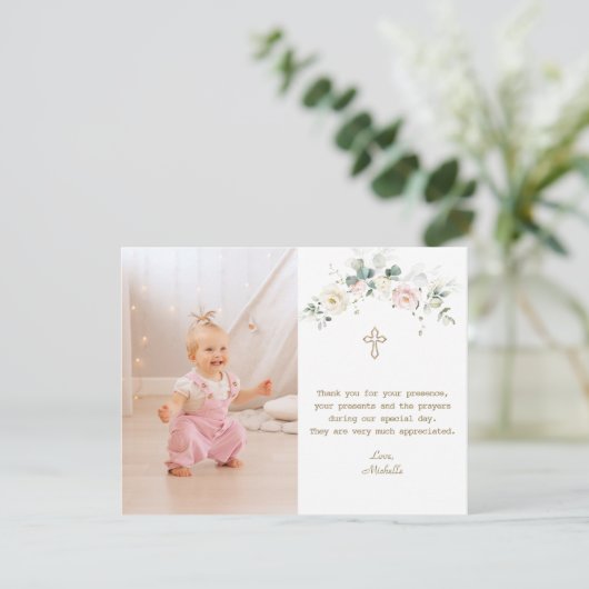 Chic White Pink Floral Gold Girl Foto Taufe Dankeskarte (Stehend Vorderseite)