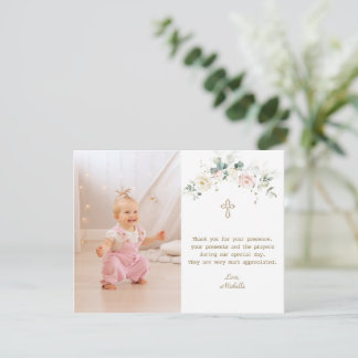 Chic White Pink Floral Gold Girl Foto Taufe Dankeskarte