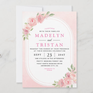 Chic White Pink Floral Minimalistisches Foto Hochz Einladung