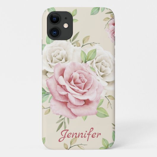 Chic White Pink Roses Grüne Blätter Blumen Case-Mate iPhone Hülle