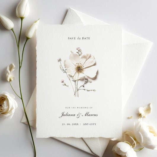 Chic White Pressed Blume Save The Date