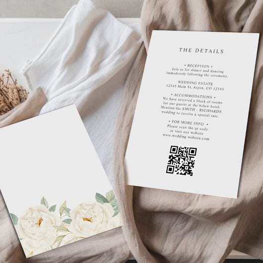 CHIC WHITE ROSE FLORAL WEDING DETAILS QR CODE BEGLEITKARTE