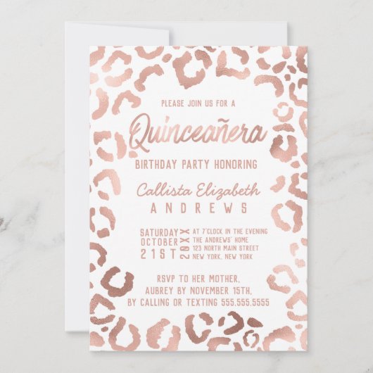 Chic White Rose Gold Cheetah Leopard Quinceañera Einladung (Vorderseite)
