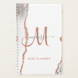 Chic White Rose Gold Glitzer Agate Monogram 2024 Planer