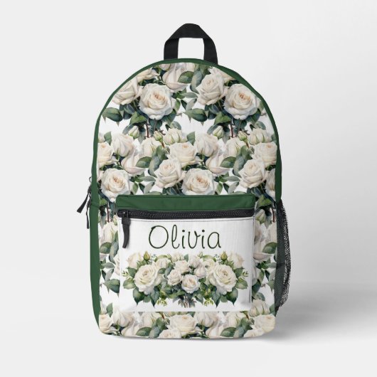 Chic White Roses Bedruckter Rucksack (Vorderseite)