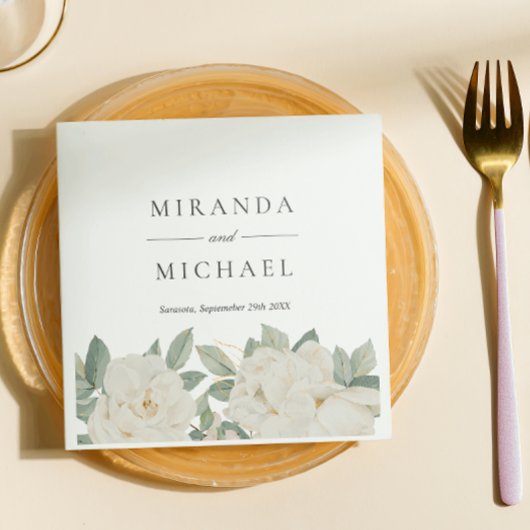 CHIC WHITE ROSES BLUME Botanisches Monogramm Serviette