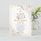 Chic White Roses Blumentaufe Christening Candle Einladung (Stehend Vorderseite)