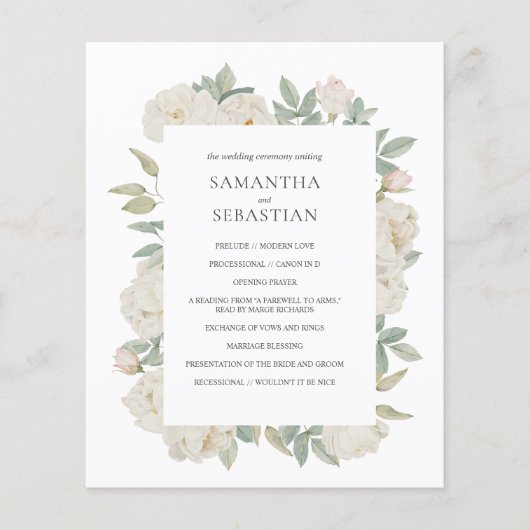 CHIC WHITE ROSES | Botanisches Hochzeitsprogramm (Vorderseite)