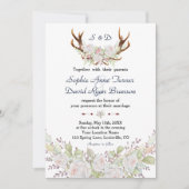 Chic White Roses Burgundy Antlers Navy Hochzeit Einladung (Vorderseite)