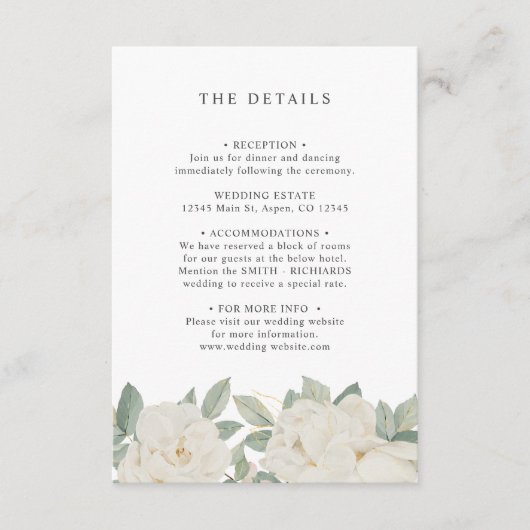 CHIC WHITE ROSES WEDDING- GÄSTEDETAILS BEGLEITKARTE (Vorderseite)