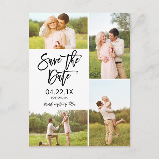 Chic White Save the Date 4-Foto Collage Ankündigungspostkarte (Vorderseite)