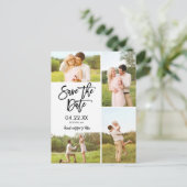 Chic White Save the Date 4-Foto Collage Announcem Ankündigungspostkarte (Stehend Vorderseite)