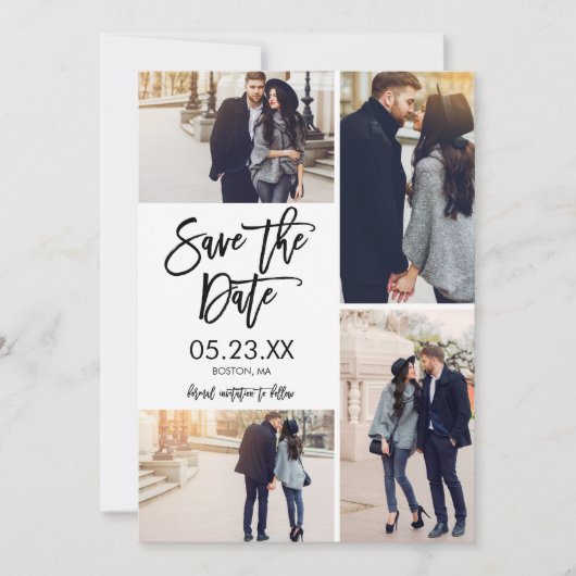 Chic White Save the Date 4-Foto Collage Card (Vorderseite)